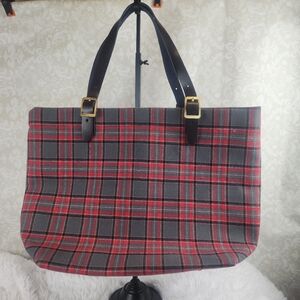 Backpacker Flannel Plaid Tote Bag with Dark Brown Straps